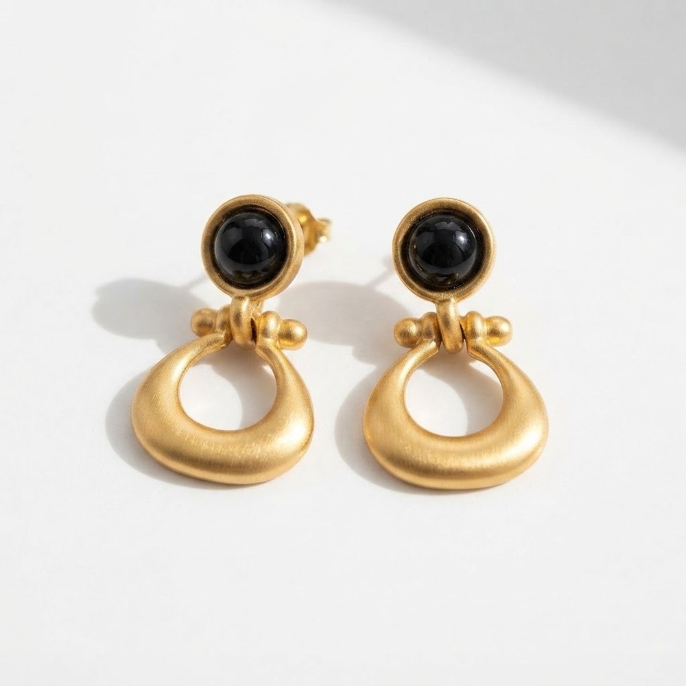 Vintage Anne Klein Gold Tone Black Cabochon Door Knocker Drop Earrings AK